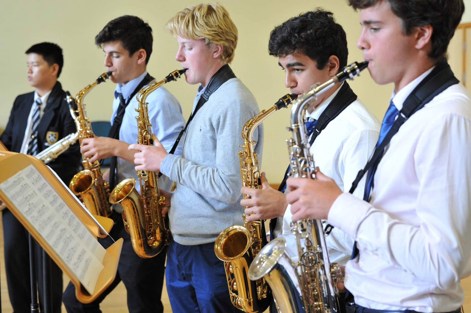 UK boarding school students playing saxophones